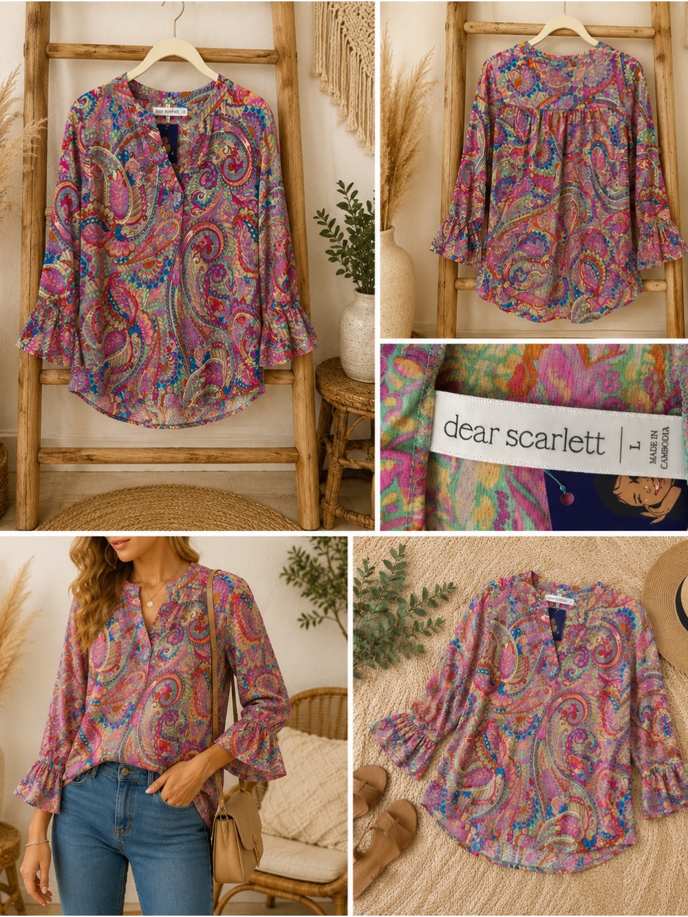 Scarlett Pink Multi Paisley V-Neck Ruffle Sleeve Blouse Size Large